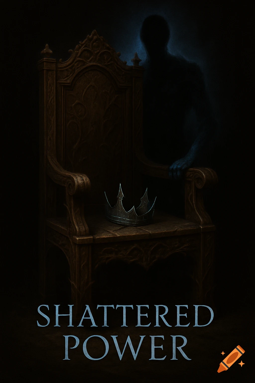 A dark, imposing carved wooden throne with a shattered crown on its seat and a shadowy figure looming behind it, with the text "SHATTERED POWER" below.
