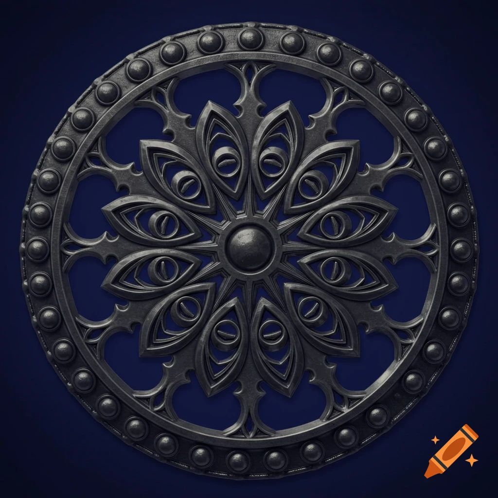 A dark metallic ornate circular design, resembling a tribal wheel or mandala, with intricate patterns and embossed beads, set against a deep blue background.