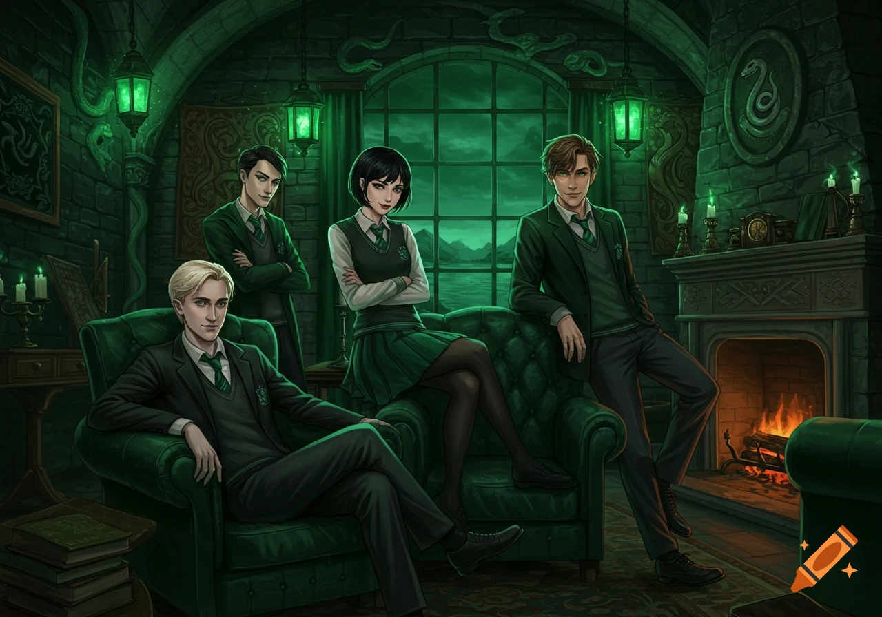 Four young adults in dark green uniforms pose in a dimly lit, green-hued common room with serpent motifs and a fireplace.