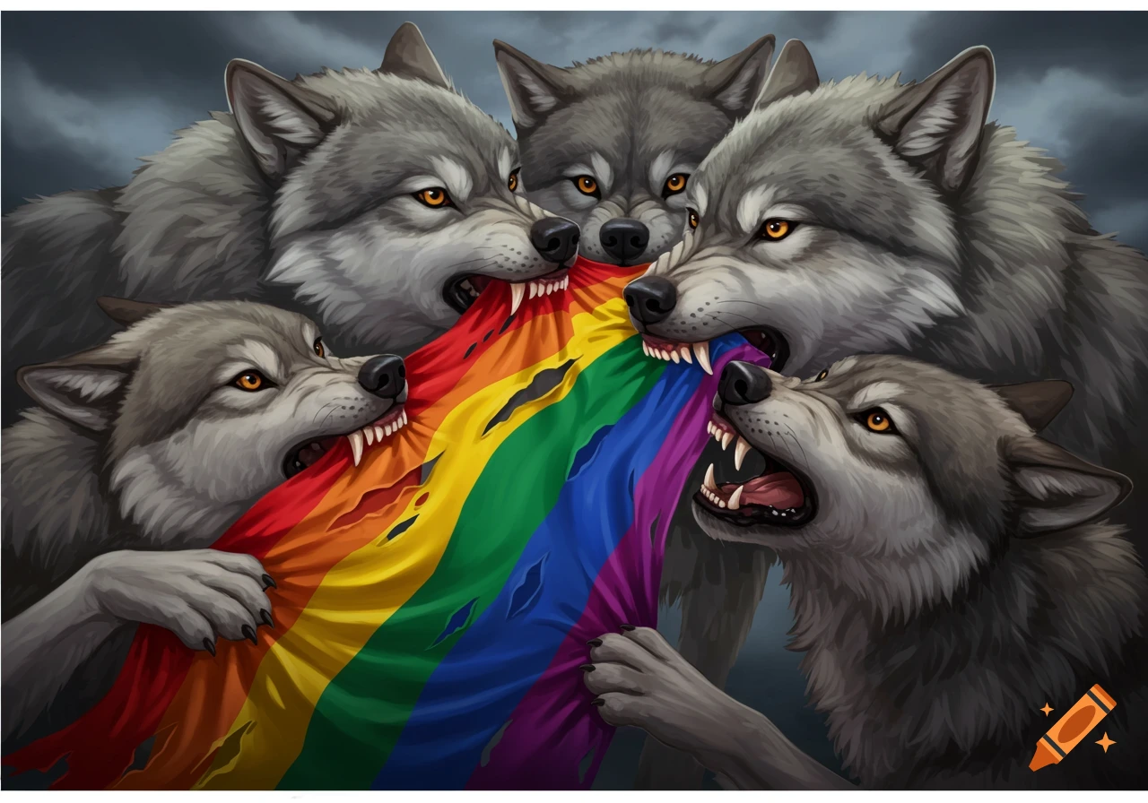 Five aggressive gray wolves bite and tear a colorful rainbow pride flag against a dark, stormy sky in a digital art style.