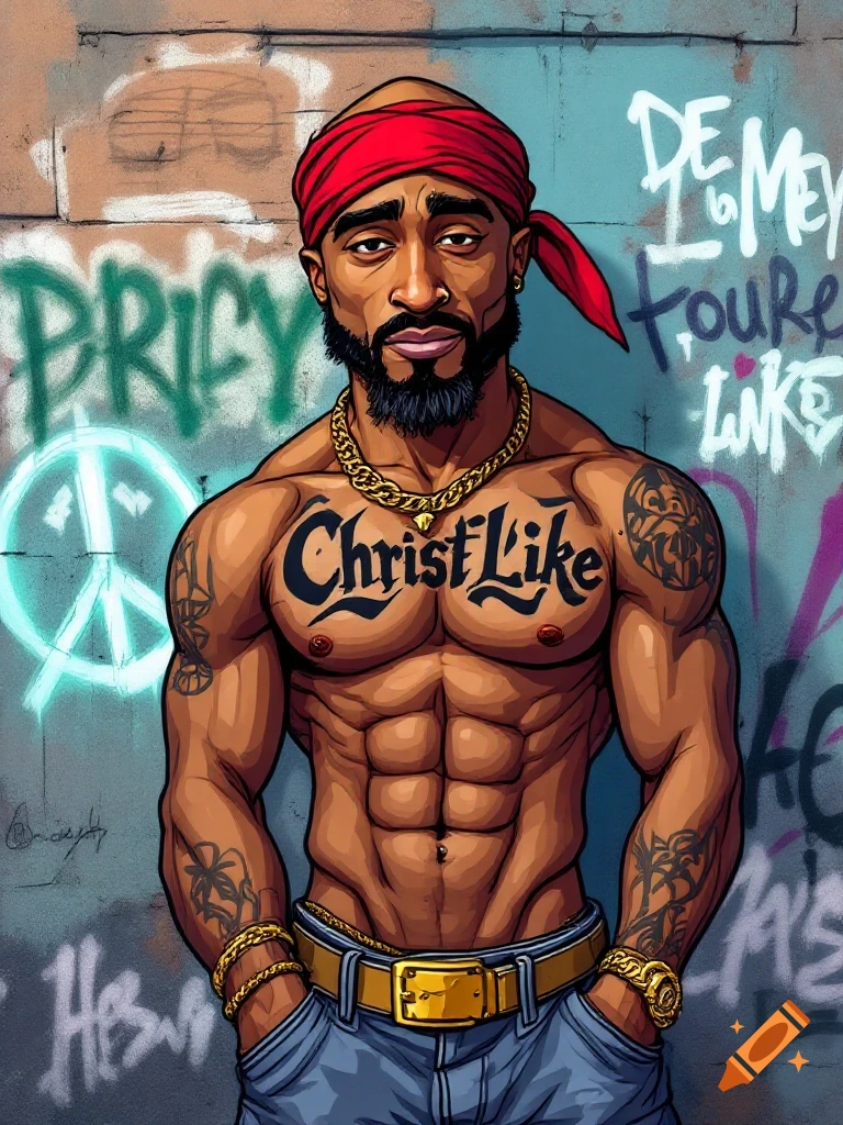 Stylized cartoon of a muscular, shirtless man resembling Tupac Shakur with a red bandana, gold chains, jeans, and a 'Christ Like' chest tattoo, standing in front of graffiti.