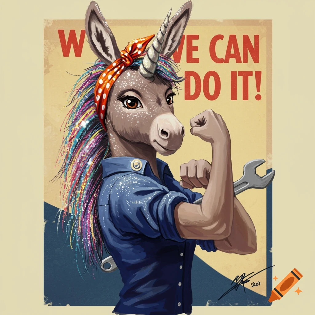 An anthropomorphic donkey-unicorn in Rosie the Riveter pose, with colorful hair, flexing her arm while holding a wrench. Text reads 'WE CAN DO IT!'