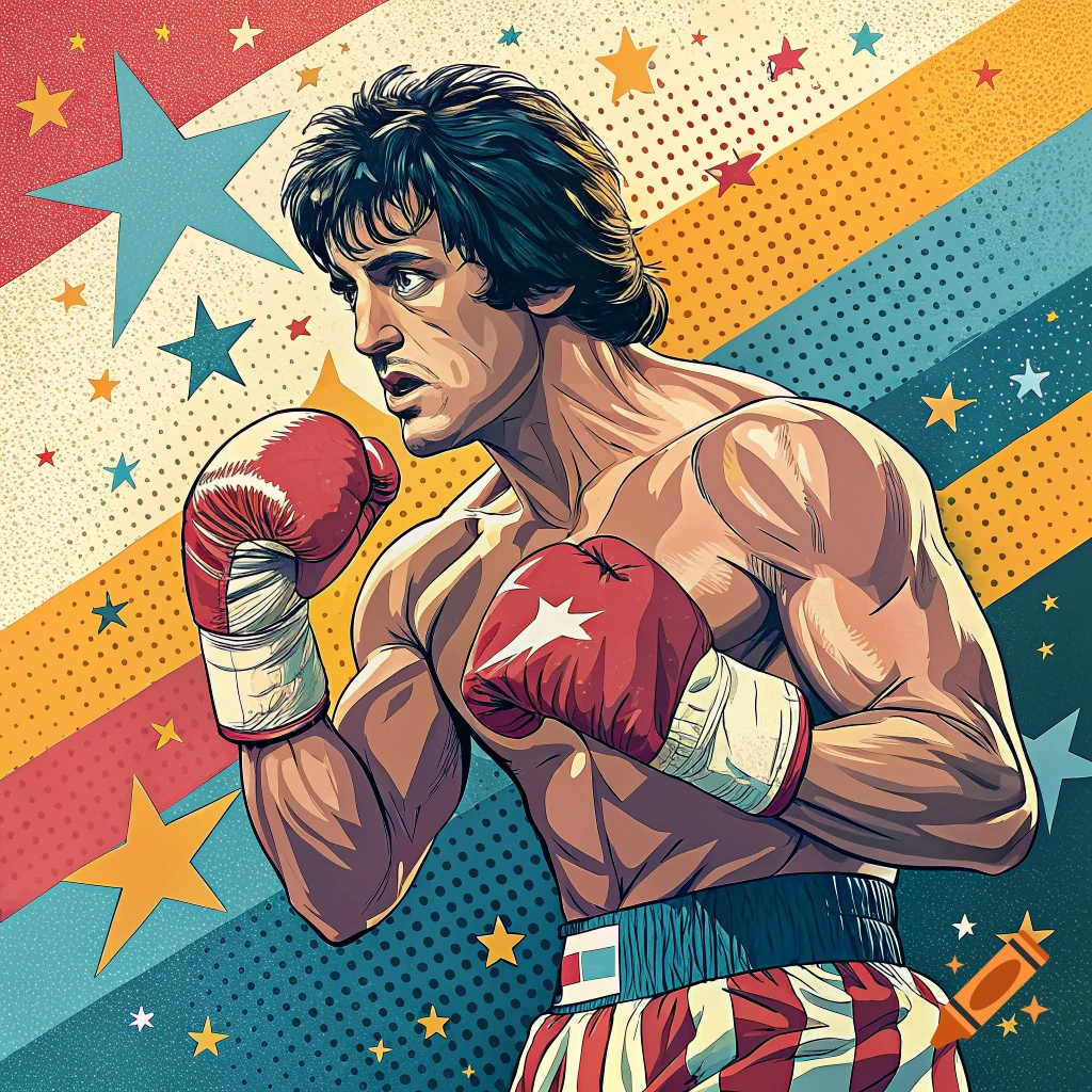 A pop art style illustration of Rocky Balboa wearing red boxing gloves and striped shorts against a background of colorful stripes and stars.