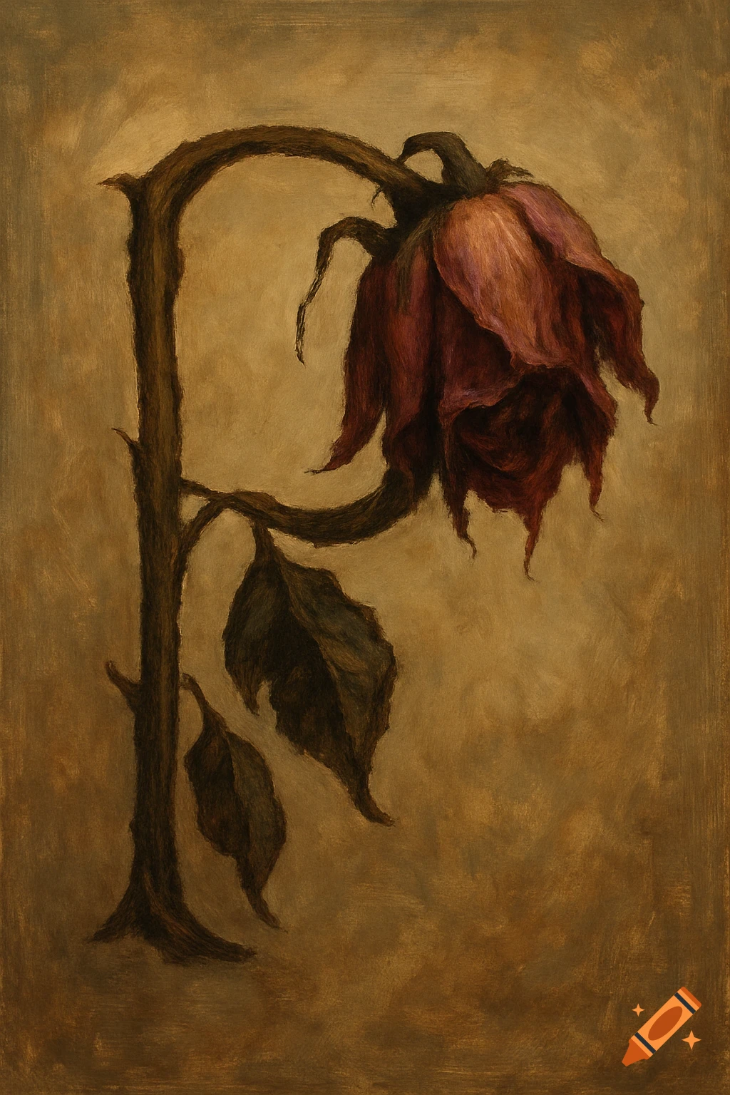 An oil painting of a wilted, dark red rose with a stem bent into the shape of the letter P, set against a warm brown background.