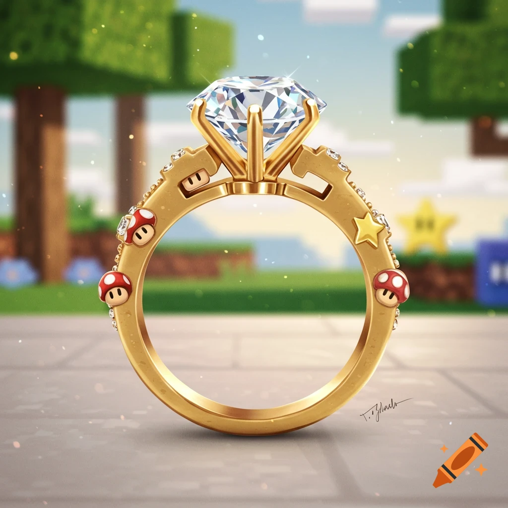 A glittering diamond engagement ring adorned with Super Mario mushrooms and a star, set against a blurred Minecraft-style blocky landscape.