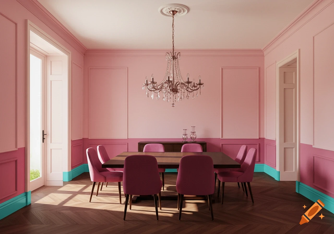 A dining room with light and dark pink walls, a large wooden dining table, pink chairs, a crystal chandelier, and turquoise baseboards.