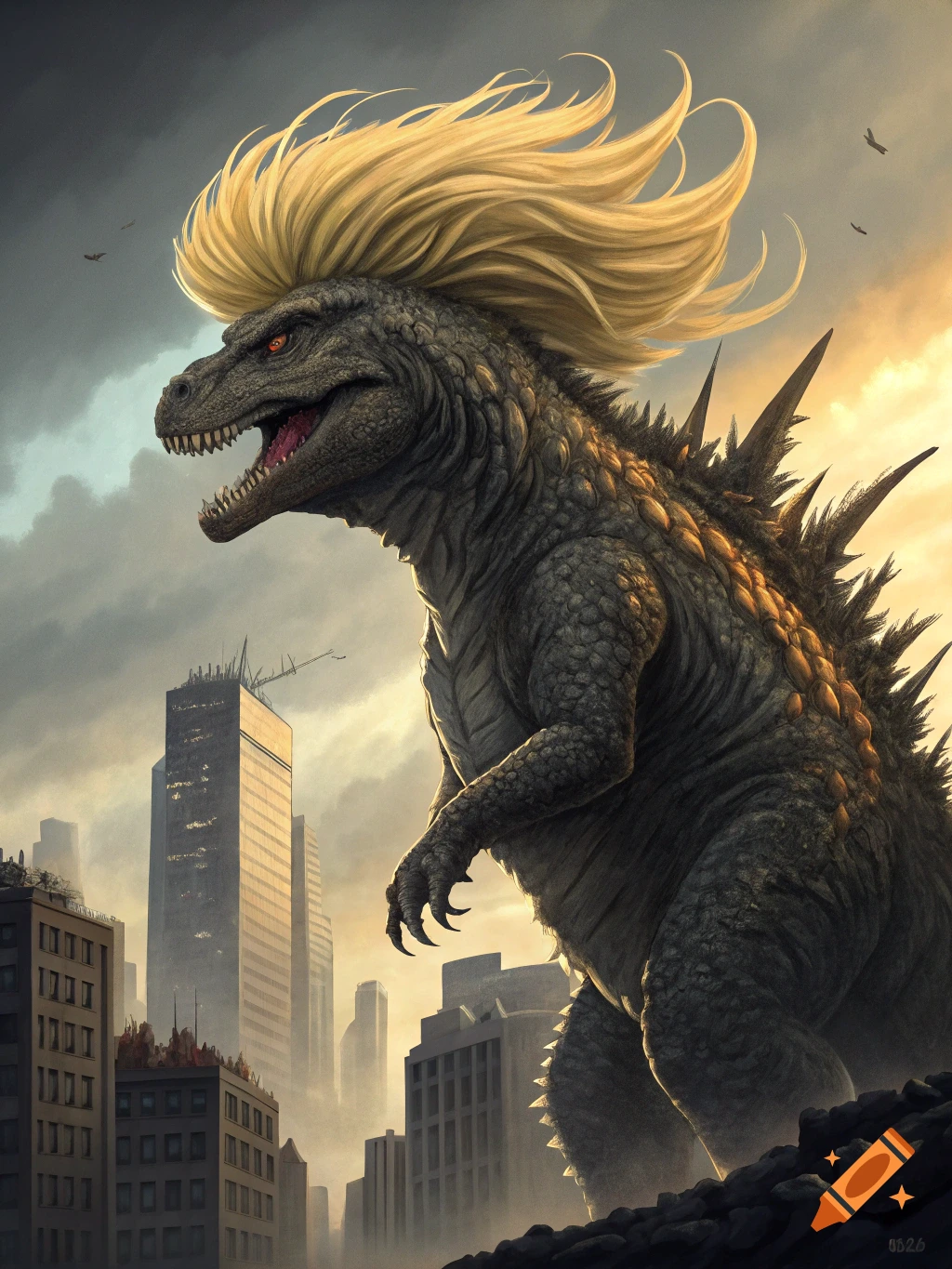 Giant Godzilla with a large blonde hairstyle stands over a sprawling city at sunset.