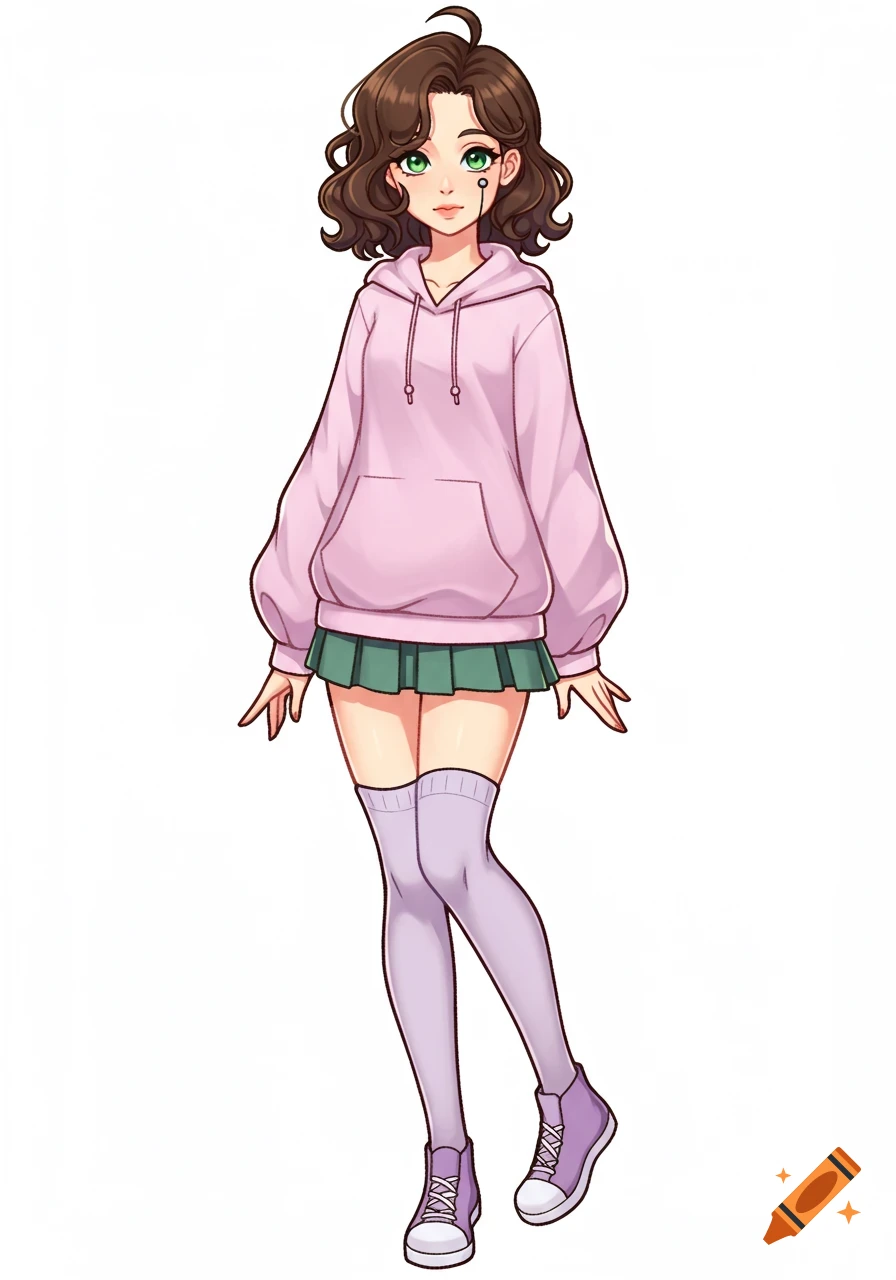 Full-body anime girl with brown wavy hair, green eyes, and a beauty mark, wearing a pink hoodie, green pleated skirt, purple knee-high socks, and purple sneakers.