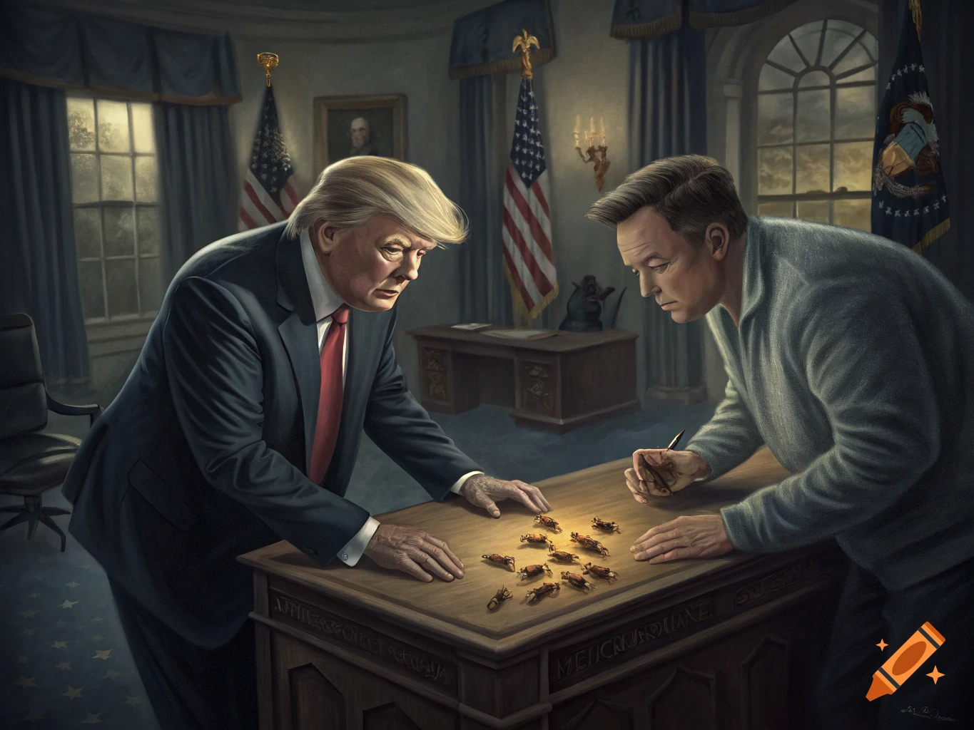 Painting of Donald Trump and Elon Musk in the Oval Office, both leaning ...