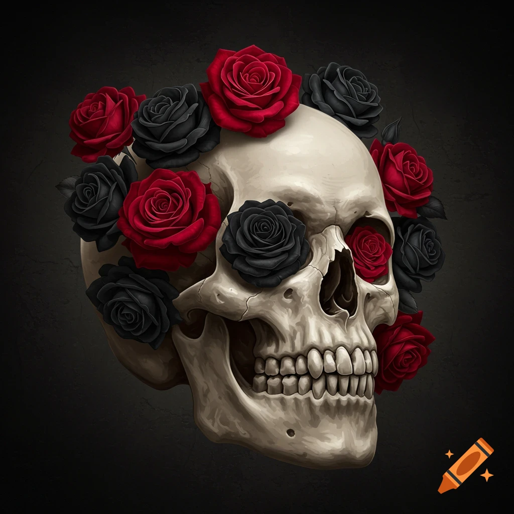 A bone-colored skull adorned with vibrant red and black roses on a dark background.