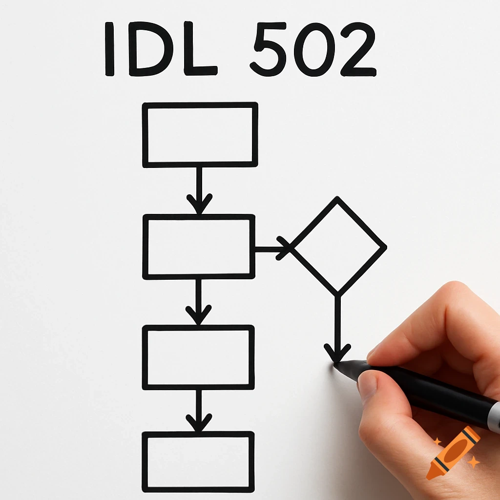 A hand draws a flowchart on a white background, with the text IDL 502 at the top.