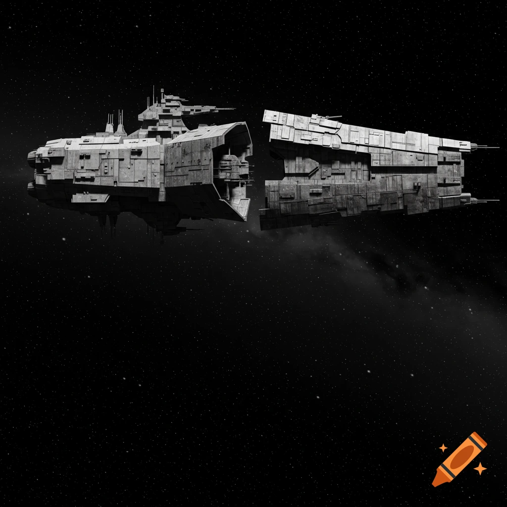 Grayscale image of a large, aggressive-looking warship split into two sections, floating in a dark, star-filled space.