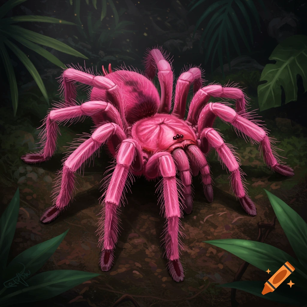 A vibrant pink tarantula with hairy legs sits on a dark forest floor among green leaves.