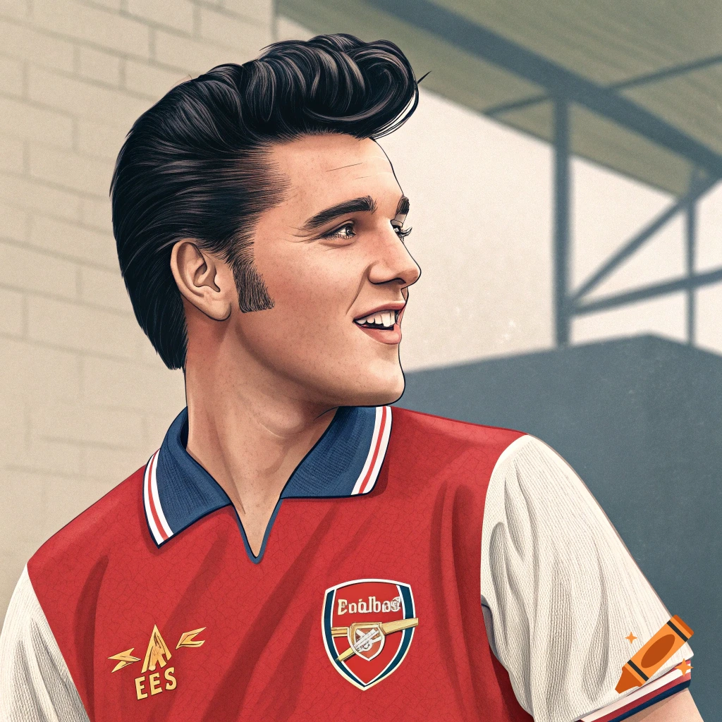 An illustrated depiction of Elvis Presley in an Arsenal football shirt, smiling and looking to the right.