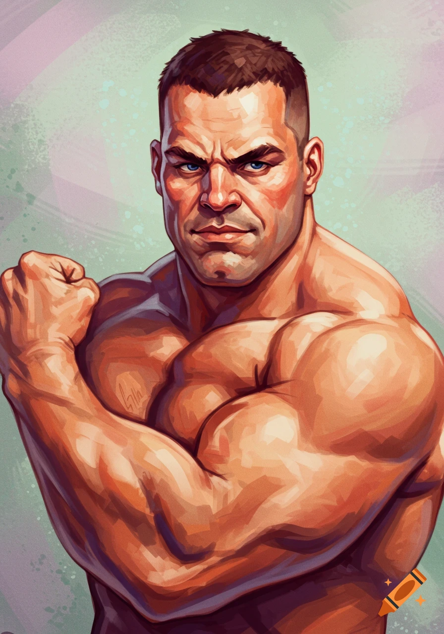 Stylized illustration of a muscular man flexing his biceps with a serious expression.