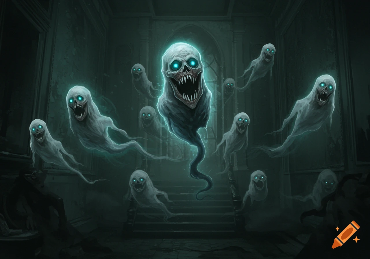 A creepy large ghost with glowing blue eyes and sharp teeth hovers menacingly in a dark, decrepit mansion hall, surrounded by smaller, equally eerie ghosts.