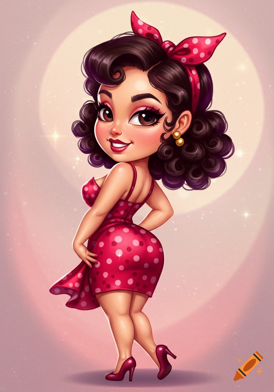 A cute cartoon Latina pin-up girl with dark curly hair and a red polka-dot dress poses playfully.