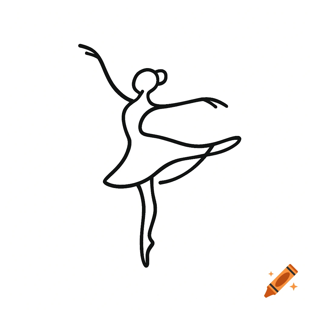 Minimalist line drawing of a ballerina in a dance pose on a white background.