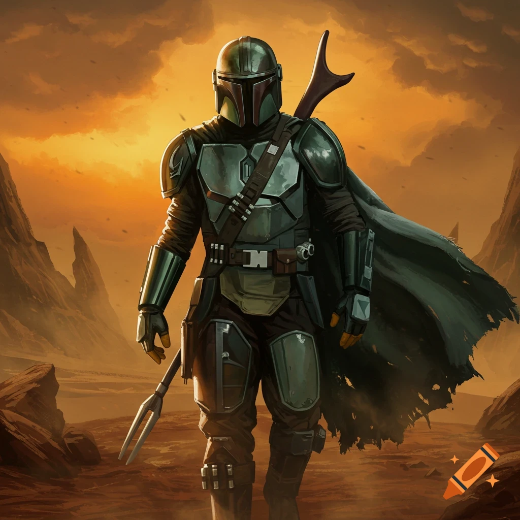 The Mandalorian in green and black armor stands in a desert landscape ...