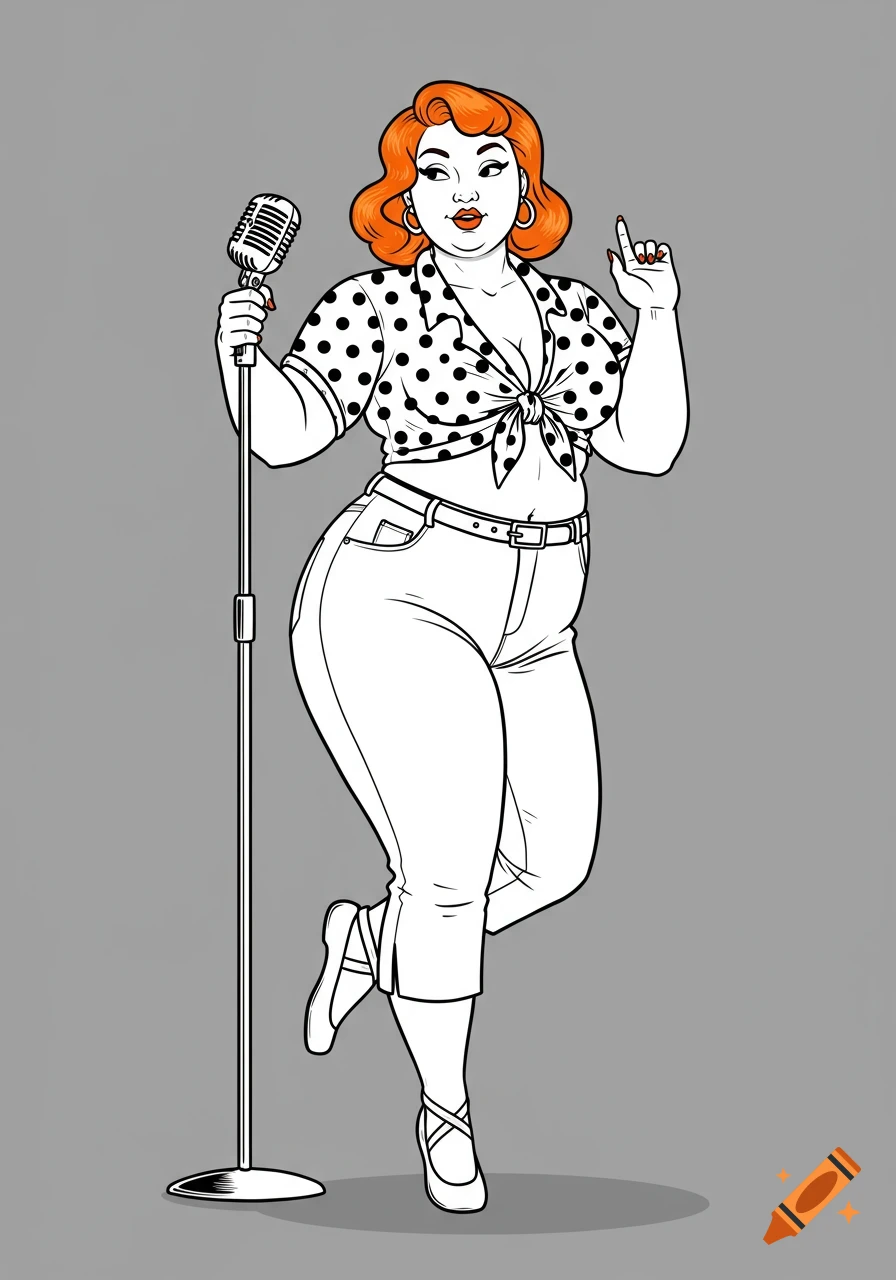 2D line art of a plus-size woman with orange hair in a polka dot blouse and capris, holding a vintage microphone in a pin-up pose.