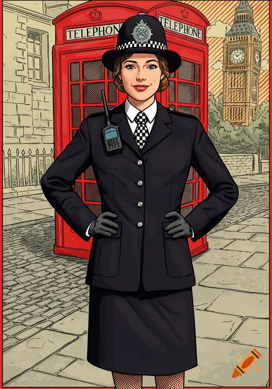 A British policewoman in uniform stands in front of a red telephone booth with Big Ben in the background, in a pop art style.