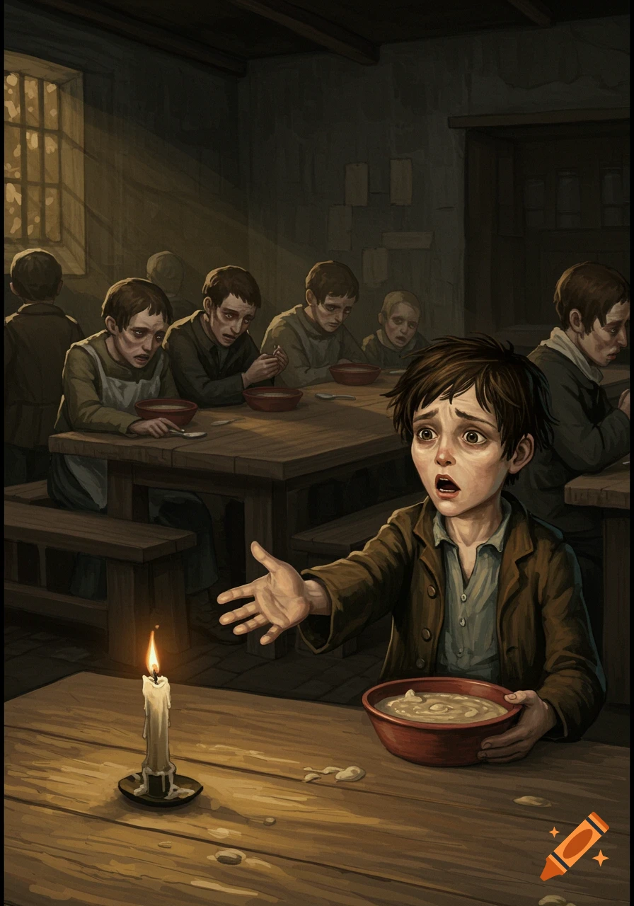 An illustration of a young, wide-eyed boy, Oliver Twist, holding a bowl and reaching out, asking for more food in a dimly lit workhouse dining hall with other sad, hungry children at wooden tables.