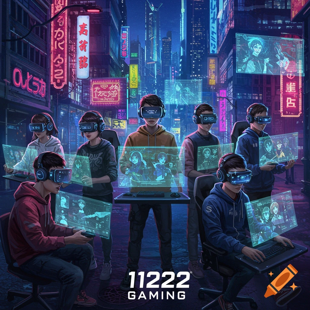 Young people wearing VR headsets interact with glowing holographic screens on a neon-lit cyberpunk street at night, with text "11222 GAMING" at the bottom.