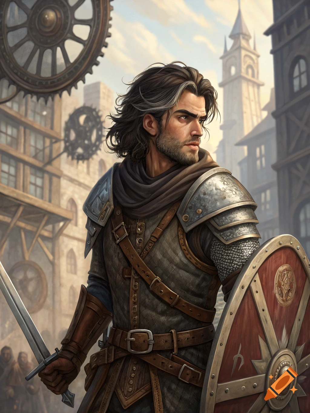 A rugged fantasy warrior with dark hair and scruff holds a sword and shield in a steampunk city with large gears.