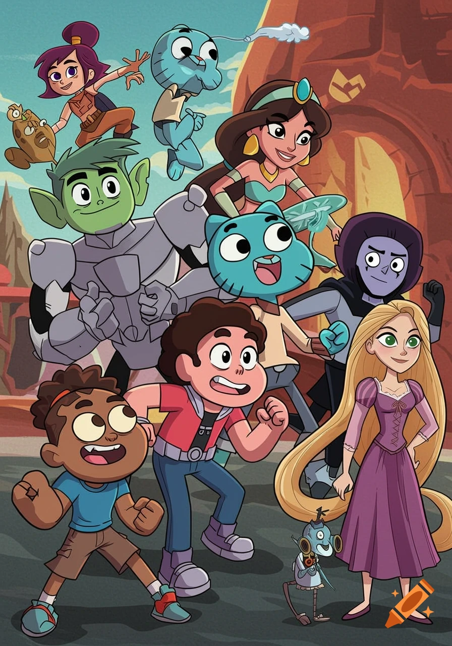 A group of diverse cartoon characters from various animated series including Gumball, Beast Boy, Steven, Jasmine, and Rapunzel, gathered outdoors.