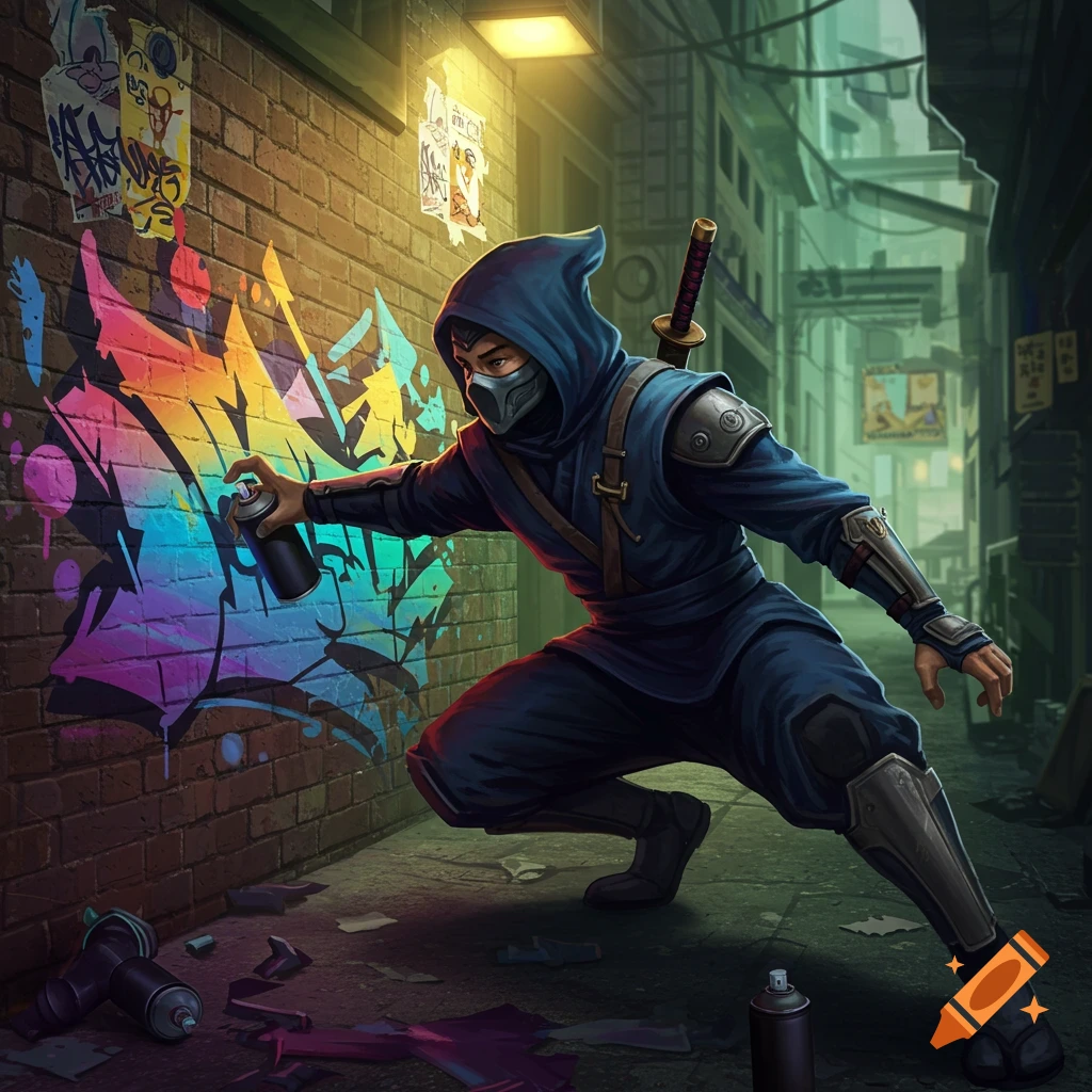 A ninja in a blue suit and mask spray paints colorful graffiti on a brick wall in a dark urban alleyway, with a sword on his back.