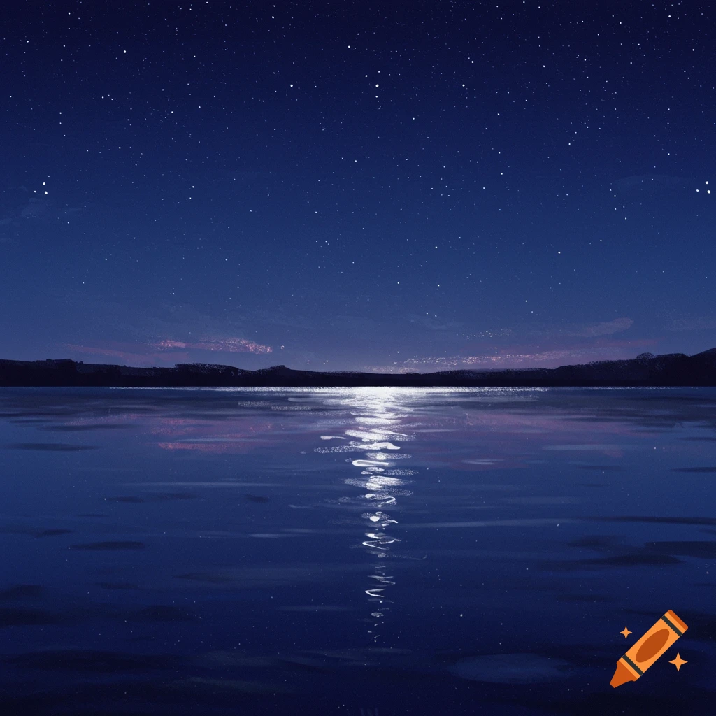 A tranquil night landscape featuring a dark blue sky filled with countless stars, reflected on the still surface of a lake.