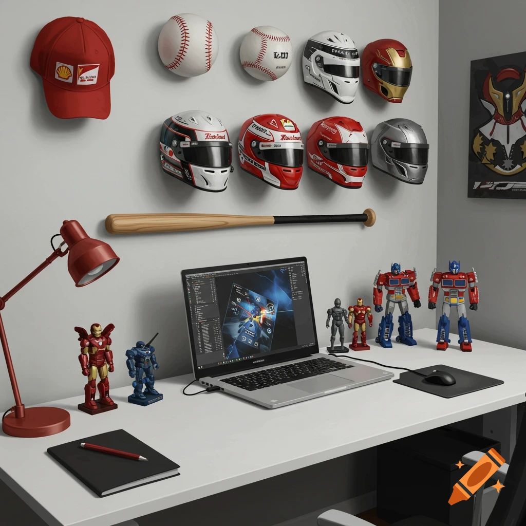 A modern office space with a white desk, laptop, and various collectibles displayed on the wall and desk, including helmets, baseballs, a baseball bat, and action figures.