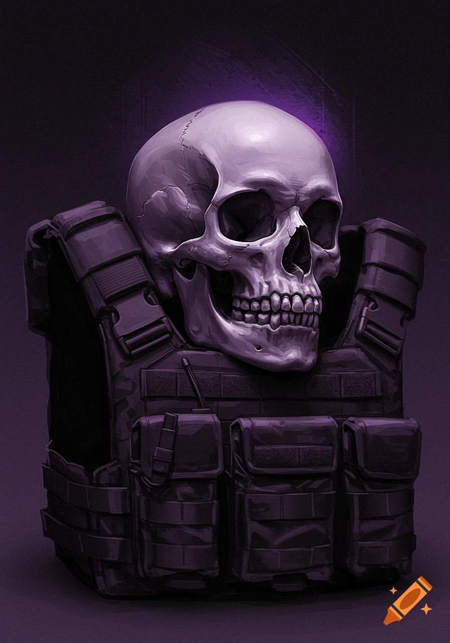 A stylized purple-shaded skull rests on a tactical vest in a digital art style.