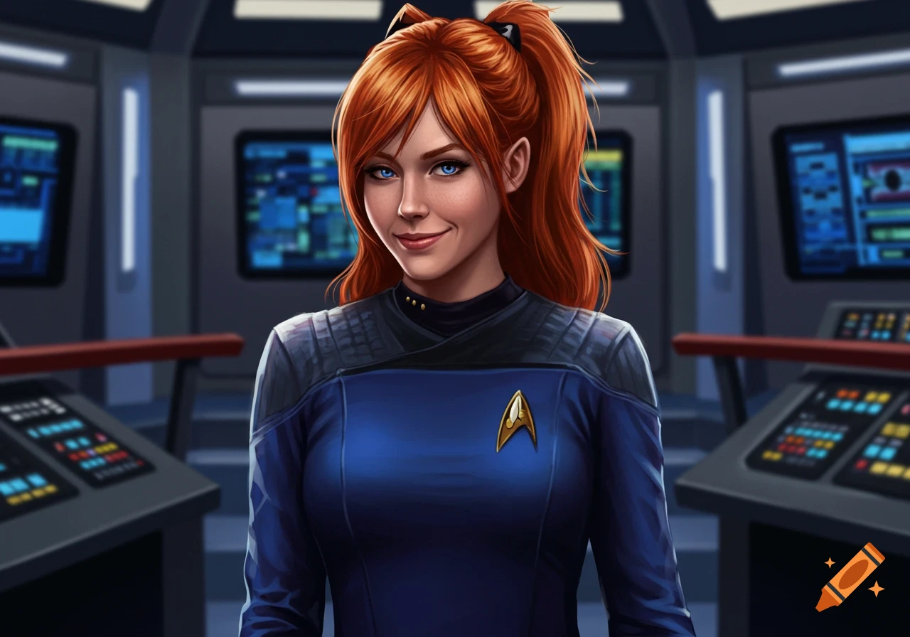 A red-haired woman with blue eyes and freckles smirks in a blue Starfleet uniform on a spaceship bridge.
