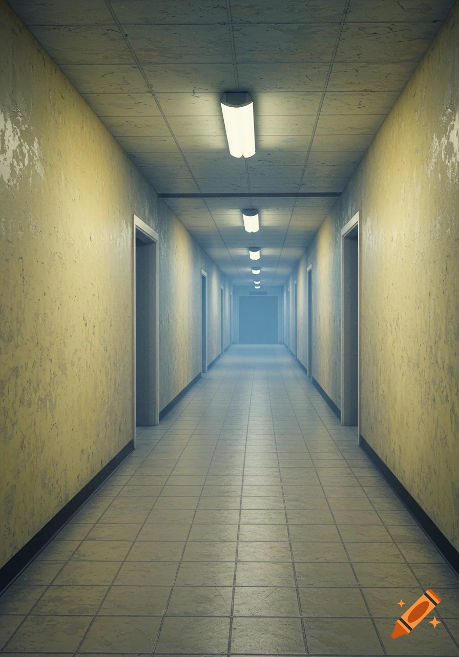 A long, dimly lit hallway with many doors on either side and glowing lights on the ceiling, creating a liminal space.