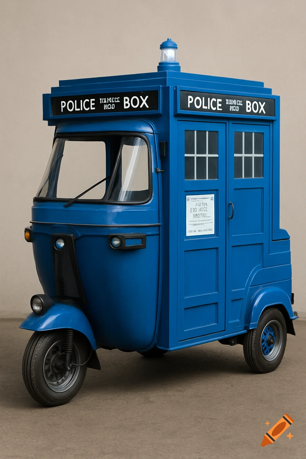 A blue auto rickshaw designed to resemble the TARDIS, featuring 'POLICE BOX' signage and a light on top.