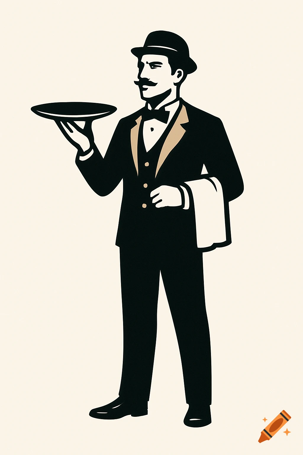 A stylized vector illustration of a butler in a tuxedo and bowler hat, holding a serving tray and a napkin.