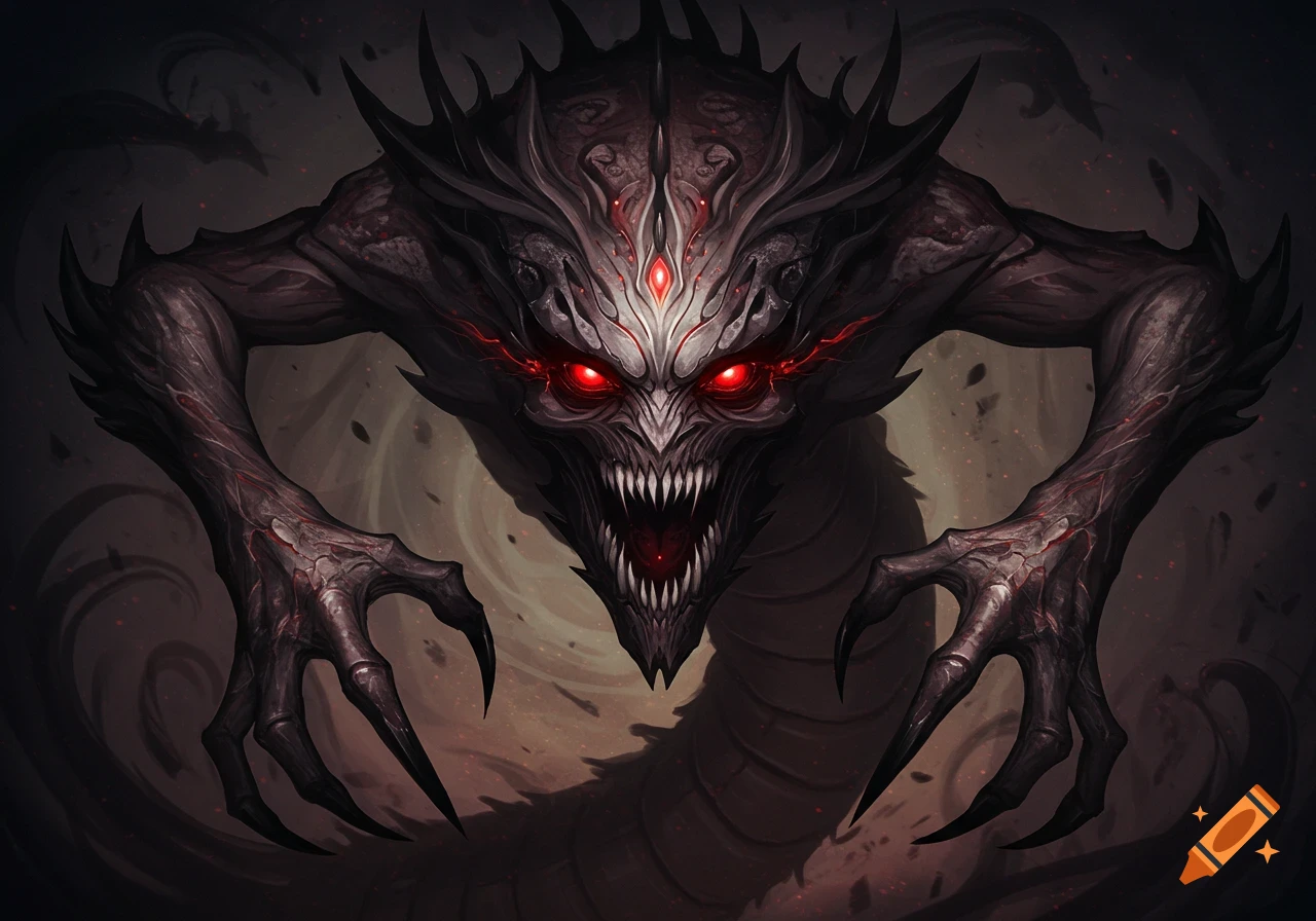 A dark, menacing creature with glowing red eyes, sharp teeth, and clawed hands, in a dark fantasy art style.