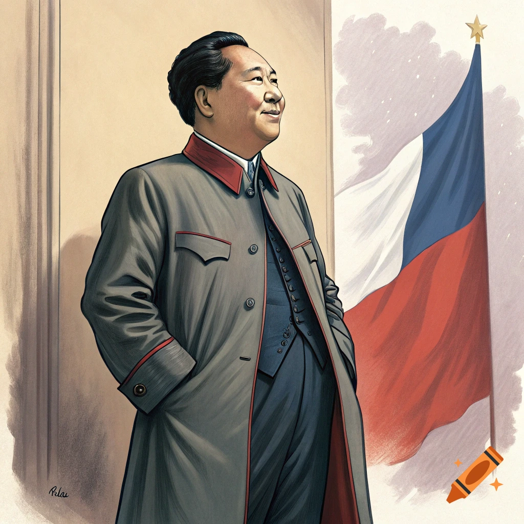 Illustration of Chairman Mao in a gray coat with red trim, hands in pockets, smiling and looking up, next to a blue, white, and red flag.