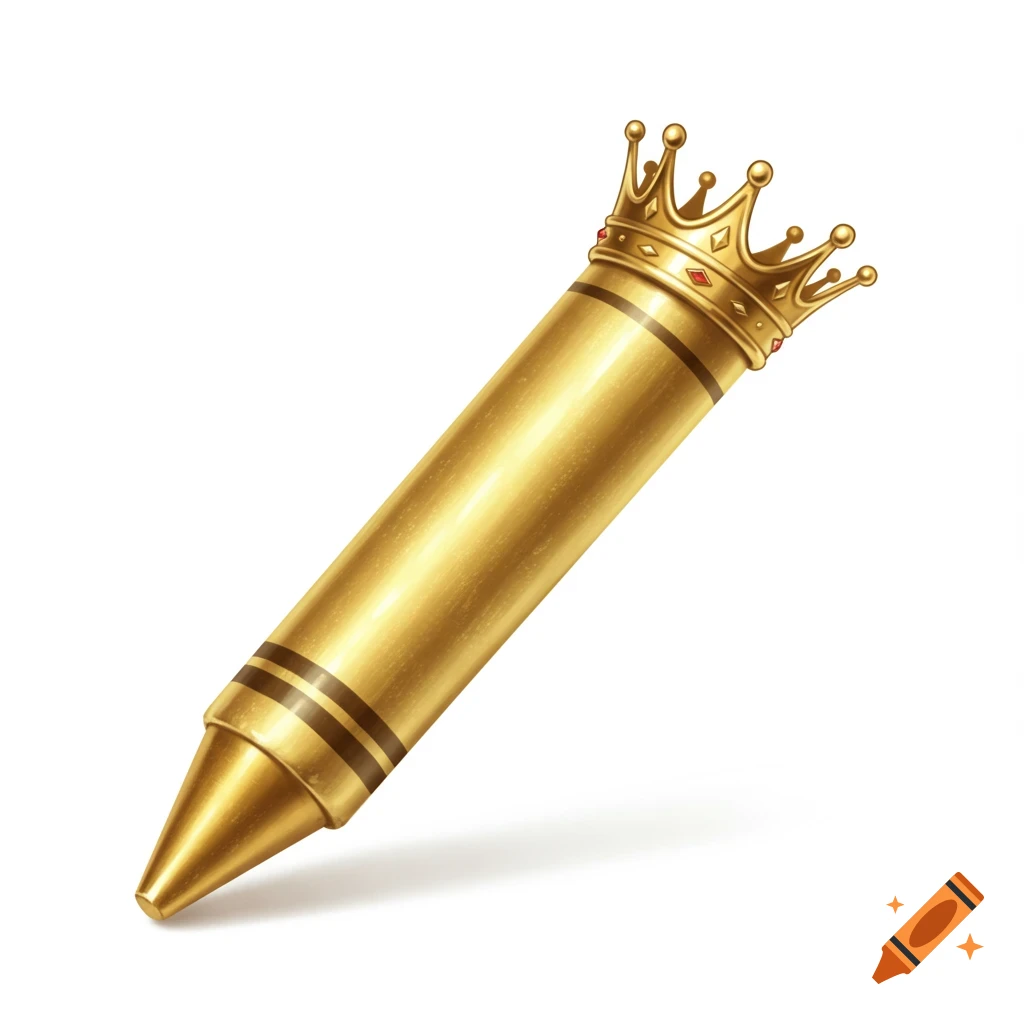 A shiny gold crayon with a golden crown on its end, against a white background.