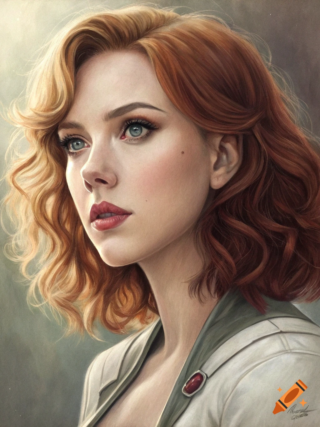 Close-up portrait of a woman with red hair and blue eyes, looking upwards, in a photorealistic digital painting style.