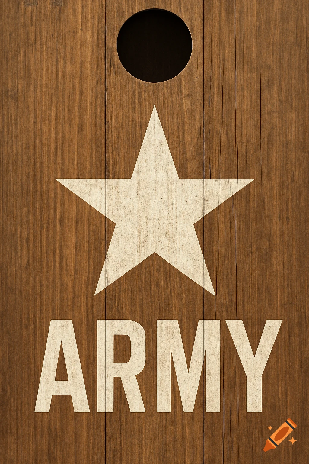 A wooden cornhole board with a white star and the word 'ARMY' printed on it, with a black hole at the top.