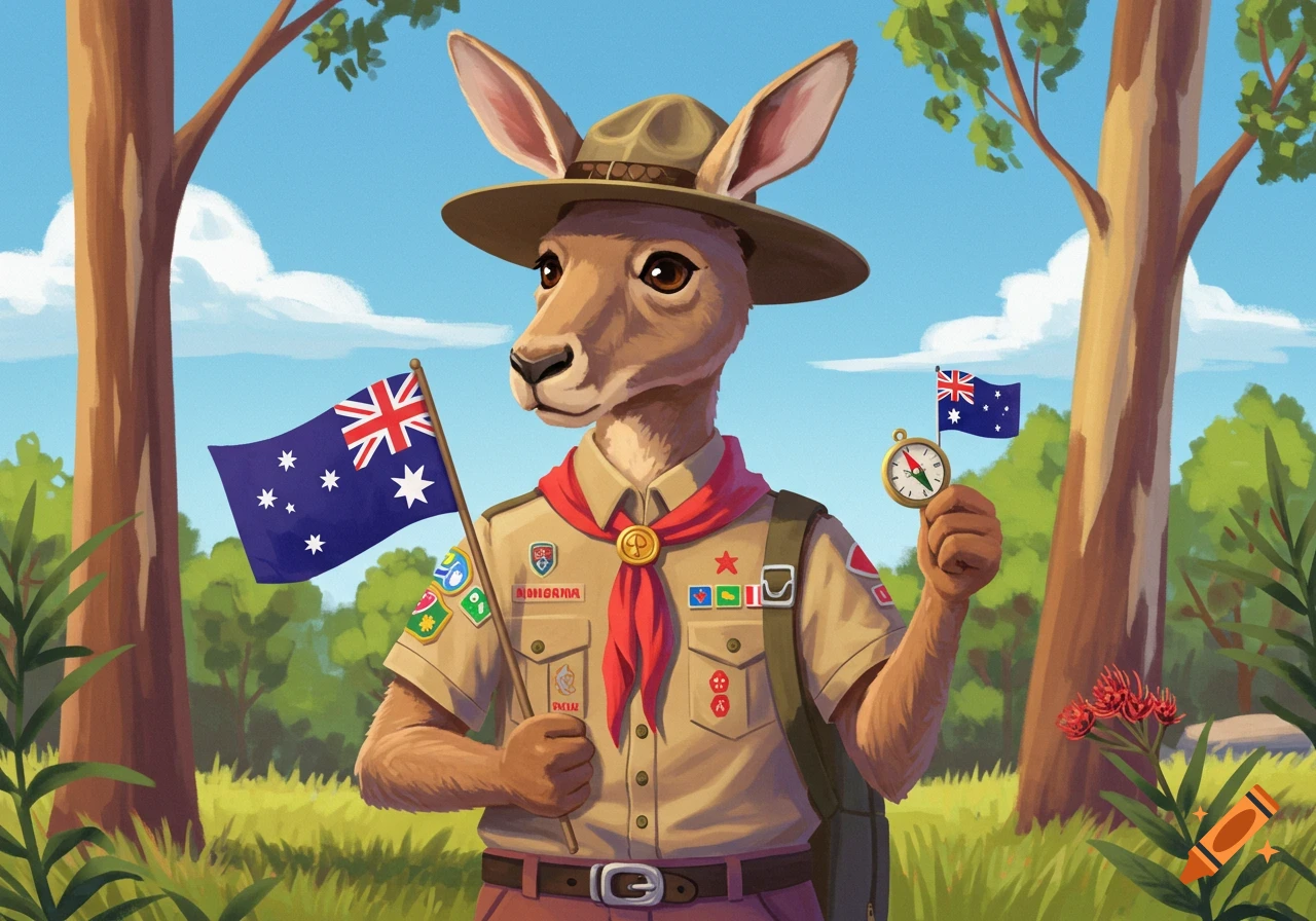 An illustrated kangaroo scout wearing a hat and uniform, holding an Australian flag and a compass in a forest.