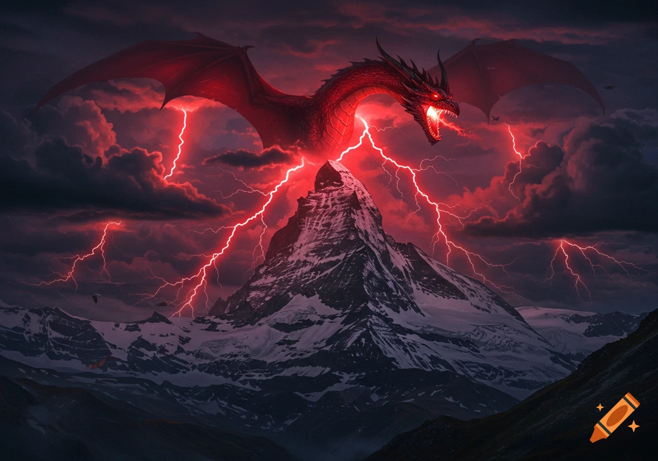 A red dragon breathes lightning over a snow-capped mountain under a dark, stormy sky.