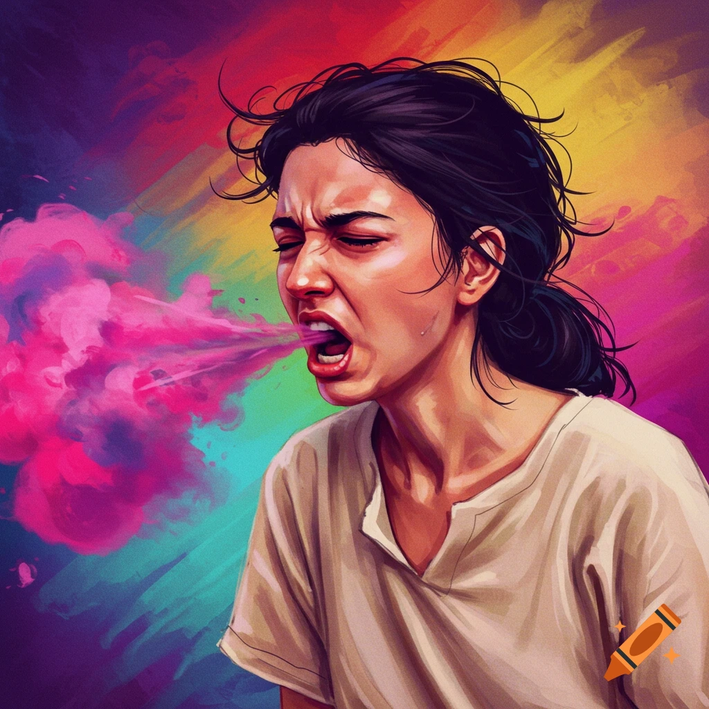 A woman intensely coughs out pink and purple smoke against a vibrant, multi-colored abstract background, digital painting style.