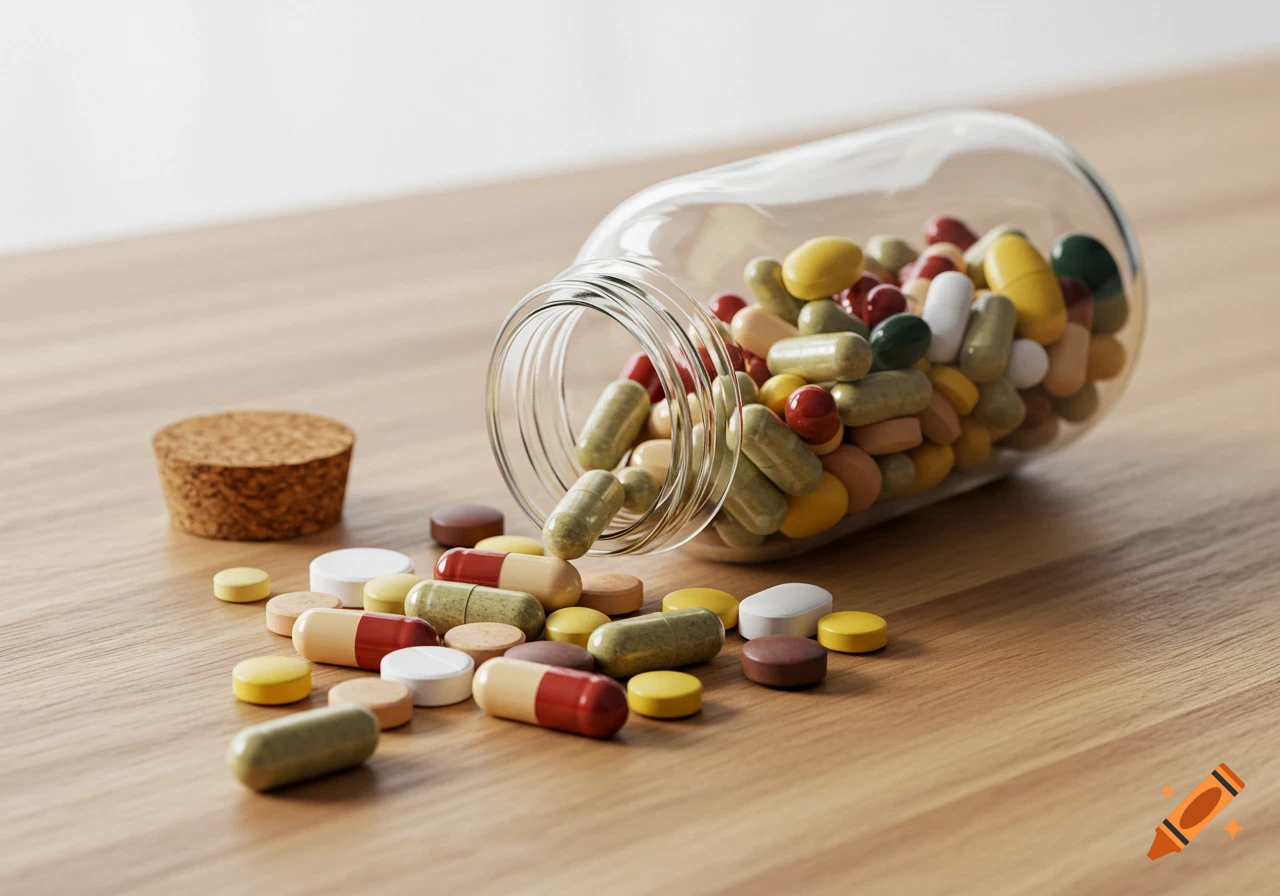 Photorealistic image of a glass bottle spilled with colorful pills and capsules on a wooden table next to a cork.