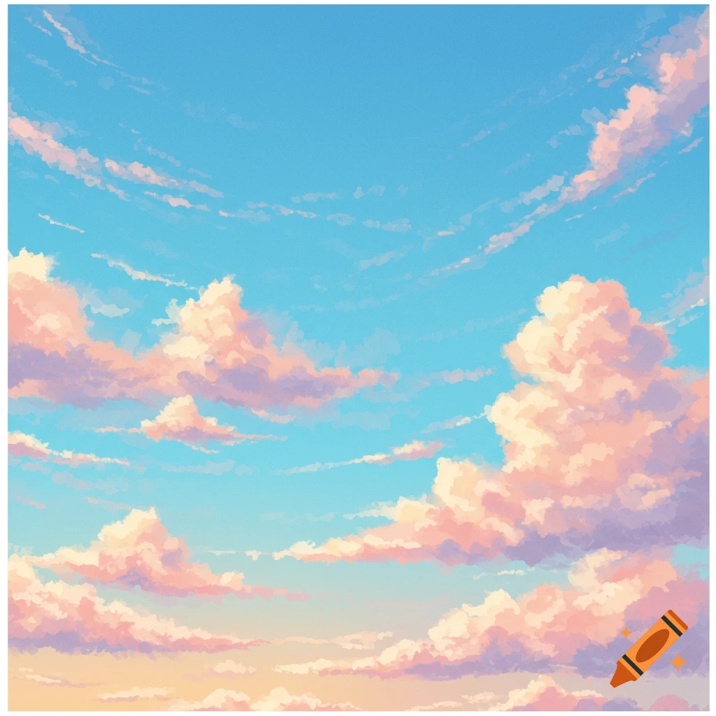 Vibrant blue sky with fluffy pink and orange clouds, in an illustrative style.