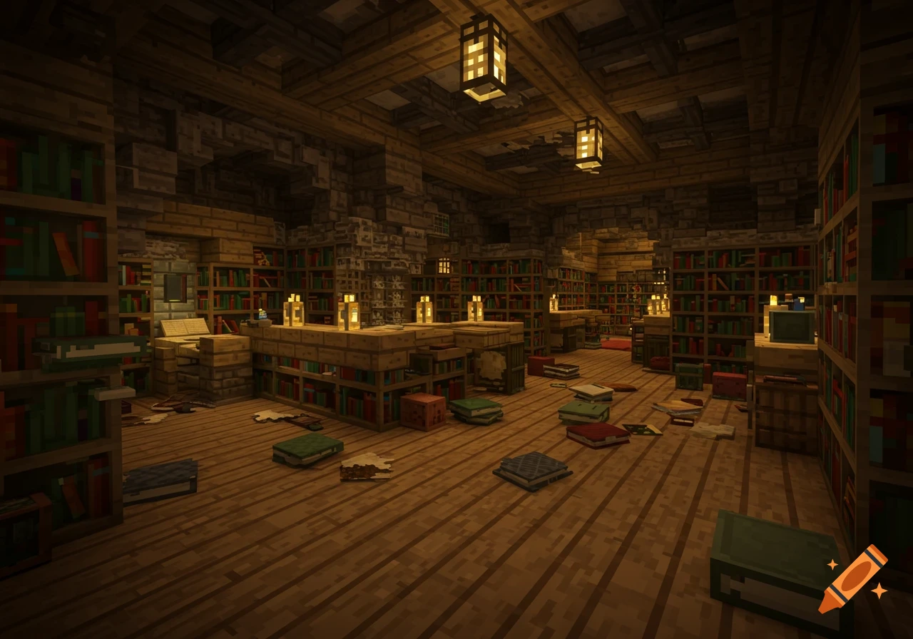 A dimly lit Minecraft library with many bookshelves, tables, and books scattered on the wooden floor.