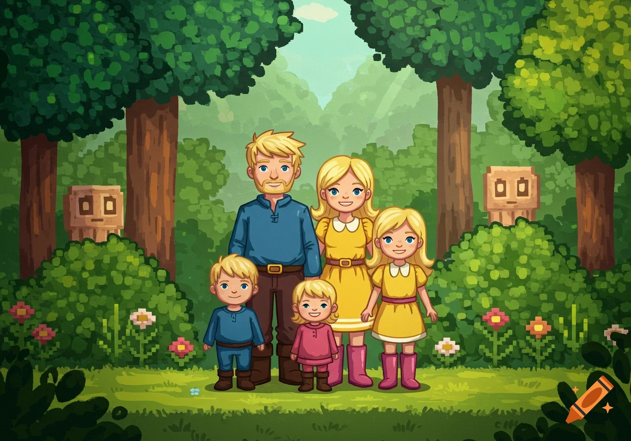 A blonde family, father, mother, two daughters, and a son, stands in a vibrant pixelated forest, in a 16-bit video game style.