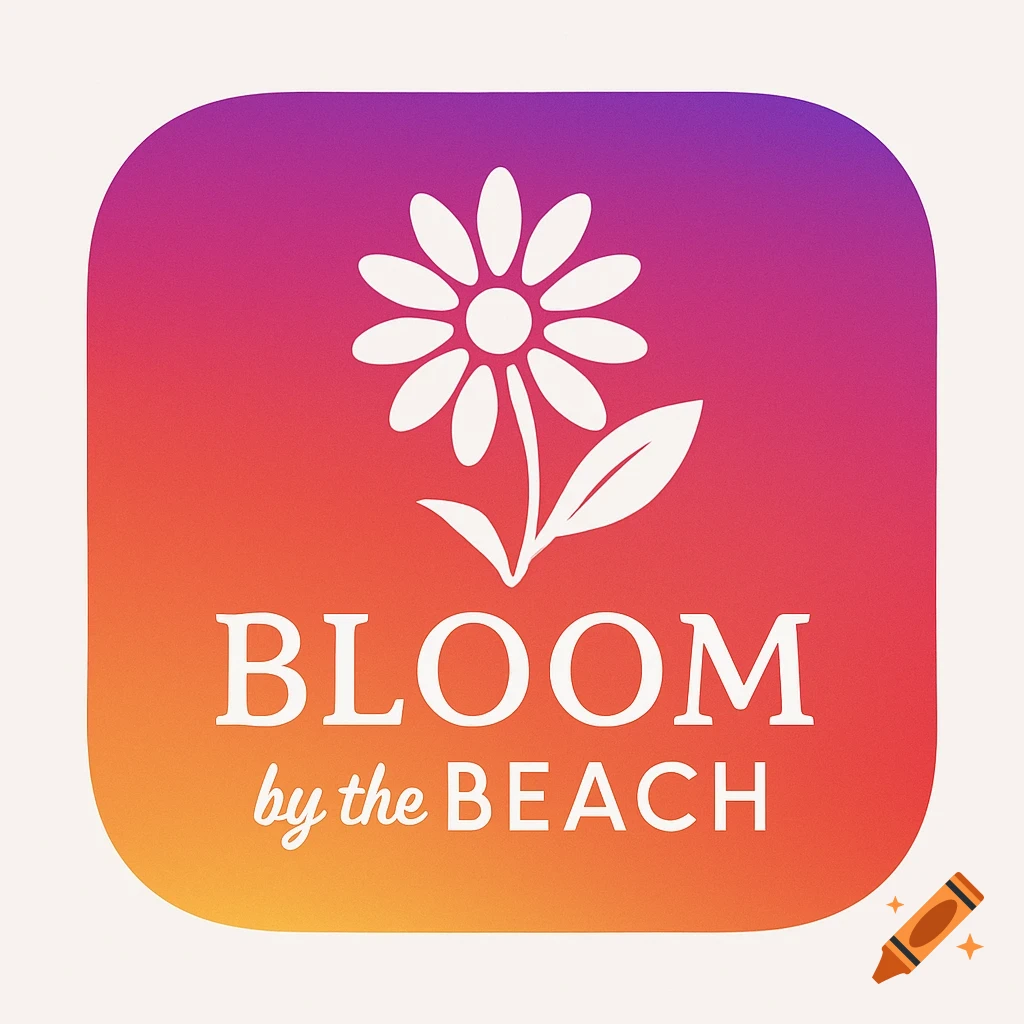 Rounded square logo with purple to orange gradient, featuring a white daisy and the text 'BLOOM by the BEACH'.